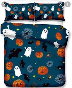 lot 14992 image: Bedbay Halloween Bedding Set Pumpkin Duvet Cover Set Cartoon Halloween (Blue, Queen)