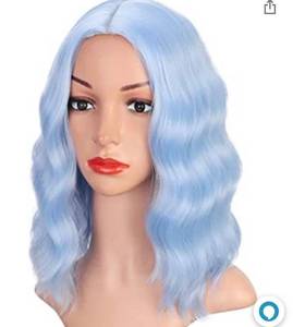 lot 14994 image: Earfodo Light Blue Wig Shoulder Length Heat Resistant Synthetic Short Curly Wavy Bob Wig 14 Inch