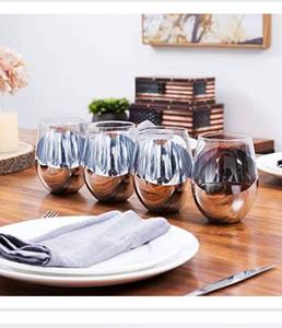 lot 16540 image: MyGift Modern Silver Accent Stemless Wine Glass Set, Red Wine Glasses Set of 4