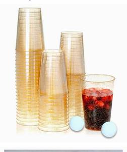 lot 16542 image: KOPHADOT 12oz Gold Glitter Plastic Cups 50 packs with 2 Party Pong Balls, Disposable and Reusable Elegant GoldCup Glitter Party Drinking Cups for Weddings, Bachelorette Parties, Christmas