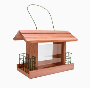 lot 16548 image: Worth Garden Cedar Bird Feeder - Wooden Hanging Garden Roof Top Feeder with 2 Suet Holder Cages and Double Plastic Window - Outdoor Weatherproof - 12.2L X 7.3 W x 8.6H