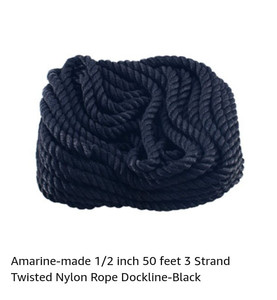 lot 16561 image: Amarine Made 12 inch 50 feet 3 Strand Twisted Nylon Rope Dockline Multipurpose Utility Line - Alkali and Weather Resistant - Crafts, Towing, Dock Line (Black)