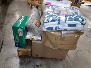 lot 101 image: Bedding Items, Elevated Toilet Seat, Christmas Trees & More. Miscellaneous Pallet (SOLD AS IS )