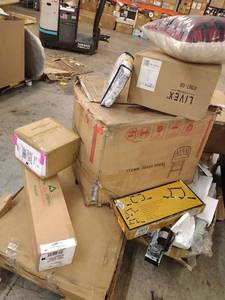 lot 102 image: Holiday Items, Bedding, Furniture, exercise equipment, & More. Miscellaneous Pallet. (SOLD AS IS)