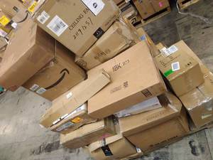 lot 113 image: Ceiling Fan, End Table, Coffee Maker & More . Miscellaneous Pallet (Sold As Is)