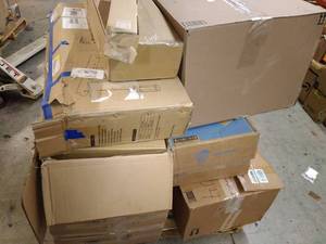 lot 123 image: 4-Pendant Led Light Fixtures, Bedding, White Jewelry Armoire, & More. Miscellaneous Pallet (Sold As Is)