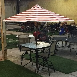 lot 1375 image: 4 PIECE PATIO SET - TALL GLASS TABLE, 2 TALL CHAIRS AND LARGE MULTI-POSITION UMBRELLA