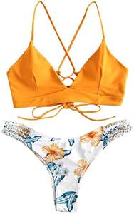 lot 1392 image: ZAFUL Womens Tie Dye Braided Straps Lace-up Bikini Set Plunging Collar Wire Free Padded Bathing Suit