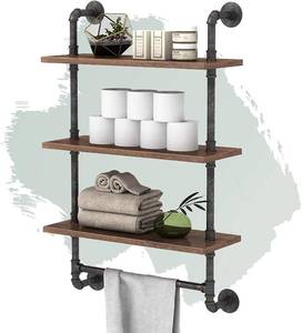 lot 27732 image: Industrial Pipe Shelves with Towel Bar,Rustic Pipe Shelving Solid Wood Wall Shelves Width 32inch 3 Tier DIY Open Bookshelves,Pine Wood Storage Shelving