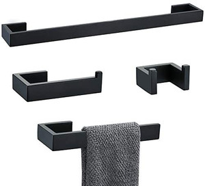 lot 27736 image: TNOMS 4 Pieces Bathroom Hardware Accessories Set Towel Bar Towel Holder Robe Hook Toilet Paper Holder Stainless Steel,Q8-P4BK