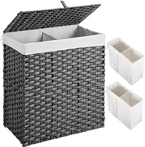 lot 27769 image: GREENSTELL Laundry Hamper with 2 Removable Liner Bags, Divided Clothes Hamper, 110L Handwoven Synthetic Rattan Laundry Basket with Lid and Handles, Foldable & Easy to Install Gray 22.2x13.3x24 Inches