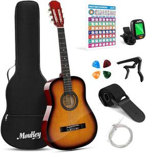 lot 27772 image: Moukey 38in Acoustic Guitar for Beginner Kid Adult Teen Guitarra Acustica with Chord Poster, Gig Bag - Sunburst