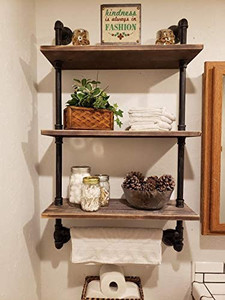 lot 36642 image: Industrial Pipe Shelf,Rustic Wall Shelf with Towel Bar,24 Towel Racks for Bathroom, 3-Layer Pipe Shelves Wood Shelf Shelving (3-Layer)