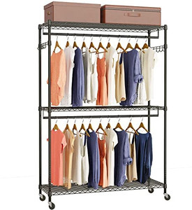 lot 36648 image: LEHOM G1 3 Tiers Garment Rack with Storage Shelves, Heavy Duty Rolling Free-Standing Clothing Rack Closet Organizer with Double RodsLocable Wheels &2 Pairs Side Hooks,Max Load 300 LBS, Black