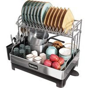 lot 36694 image: Stainless Steel Dish Drying Rack, 2 Tier Large Dish Rack And Drainboard Set, Full Size Dish Drainer With Swivel Spout And Utensil Holder For Kitchen