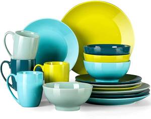 lot 36721 image: LOVECASA, Round Porcelain Dinnerware Set, 16-Piece Dishes Dinner Sets, Dinner Plates, Dessert Plates, Bowls and Mugs Dishwasher, Safe Ceramic Dishes, Service for 4, Mixed Color of Blue and Green
