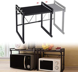 lot 36723 image: GEMITTO Expandable Microwave Oven Rack, Horizontal Extension Microwave Shelf Stand Kitchen Counter Top Organizer, 2-tier with 3 Hooks, 55lbs Load Bearing, 15.823.6x14.2x16.5 for Oven Toaster