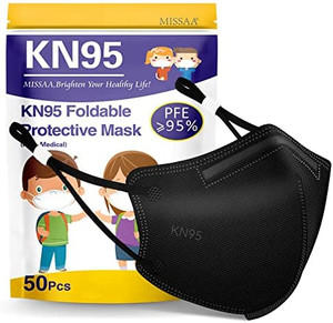 lot 36773 image: Kids KN95 Face Mask 50 PCS, 5-Ply Kids Masks Disposable Breathable Safety with Adjustable Ear Loops Protection for Children, Black