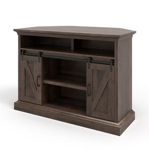 lot 3047 image: Whalen Allston Barn Door Corner TV Stand for 55 TVs, Brown Finish