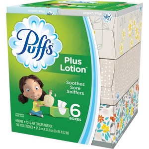 lot 3154 image: Puffs Plus Lotion Facial Tissue, 6 Family Boxes, 124 Count Per Box
