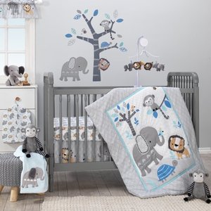lot 3164 image: Bedtime Originals Jungle Fun 3-Piece Crib Bedding Set - Blue, Gray, White