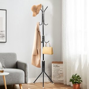 lot 3166 image: 9 Hooks Coat Rack Simple Freestanding Standing Coat and Hat Hanger Organizer Rack, Black