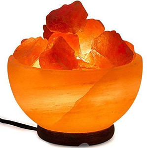 lot 3485 image: Himalayan Salt Lamp Bowl with Natural Crystal Chunks, Dimmer Cord and Classic Wood Base
