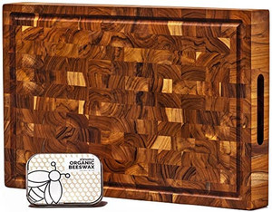 lot 3627 image: Ziruma End Grain Teak Wood Cutting Board (17 x 11 x 1.5 in.) Cured with Beeswax and Natural Oils - Extra Wood Moisturizer Included