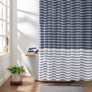lot 5027 image: Gap Home Easy Stripe Organic Cotton Shower Curtain Navy 72x72
