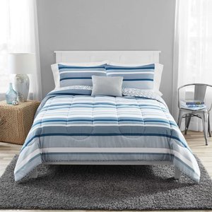 lot 5081 image: Mainstays Blue Stripe 8 Piece Comforter Set with Bonus Quilt Set, FullQueen