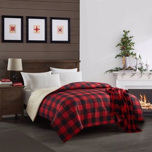 lot 5130 image: 4pc Queen Buffalo Check Reversible Comforter Set with Eye Masks Red - Dearfoams