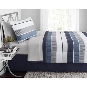 lot 5138 image: Mainstays Blue Stripe 6 pc Bed in a Bag Set with Sheets, Twin