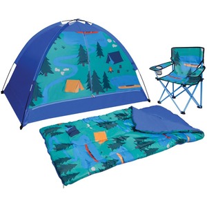 lot 5186 image: CRCKT 3 PC Kids Camping Combo Including Tent, Chair, and Sleeping Bag °50F Rating , Blue Campsite Print