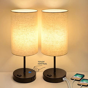 lot 2509 image: Set of 2 Touch Control 3-Way Dimmable Table Lamp with 2 USB Ports Modern Nightstand Lamp with AC Outlet Bedside Lamps with Fabric Shade Desk Lamp for Living Room Bedroom Hotel, Cream, Bulbs Included