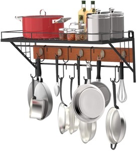 lot 2517 image: X-cosrack 27-Inch Wall Mount Pot Rack Storage Organizer,2 Tier Hanging Rails with 10 Hooks for Kitchen Cookware Utensils,Floating Shelves for Home office,DIY Display,Rustproof