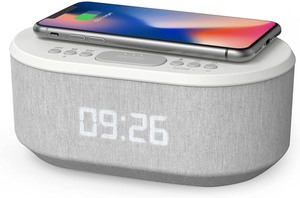 lot 2519 image: iBox Dawn Bedside Radio Alarm Clock with USB Charger, Bluetooth Speaker, QI Wireless Charging, Dual Alarm Dimmable LED Display (White)