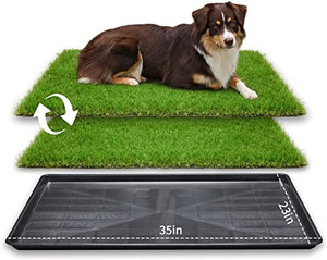 lot 2522 image: LOOBANI 35in x 23in Extra Large Grass Porch Potty Tray, 2-Packs Replacement Artificial Fake Grass Puppy Training Pads- Portable Dog Patio Potty for BalconyApartment Use (Pet Tray, 35 x 23)