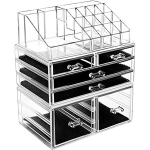 lot 2529 image: HBlife Makeup Organizer 3 Pieces Acrylic Cosmetic Storage Drawers and Jewelry Display Box, Clear