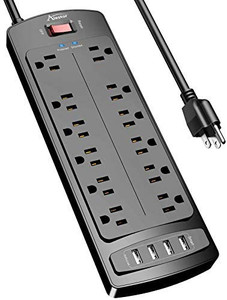 lot 2550 image: Power Strip, Alestor Surge Protector with 12 Outlets and 4 USB Ports, 6 Feet Extension Cord (1875W15A), 2700 Joules, ETL Listed, Black