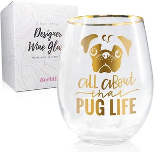 lot 2554 image: Onebttl Pug Gifts For Pug Lovers, Stemless Wine Glasses