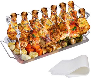 lot 2586 image: yamisan Chicken Leg Wing Grill Rack - 14 Slots Stainless Steel Roaster Stand with Drip Pan, BBQ Chicken Drumsticks Rack for Smoker Grill or Oven
