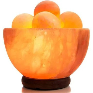 lot 2587 image: UMAID Natural Himalayan Rock Sea Salt Lamp Bowl with 6 Heated Salt Massage Balls, Stylish Wood Base, Bulb with Dimmable Switch UL-Listed Cord