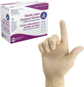 lot 2600 image: Dynarex Sterile Disposable Latex Surgical Gloves, Powder-Free, Sterilely Packaged in Pairs, Professional Medical and Healthcare Use, Veterinary Clinic, Bisque, Size 7.5, 1 Box of 50 Pairs of Gloves
