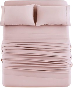 lot 2606 image: Mohap Bed Sheet Set 4 Piece Bedding Sheets & Pillowcases Set Brushed Microfiber Soft Bedding Fade Resistant Easy Care King Pink