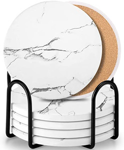 lot 2610 image: COPLIB Coaster Sets of 6 Pieces, Absorbent Ceramic Stone Marble Pattern Coasters with Cork Base, White Coasters for Drinks with Metal Holder Stand, Decorations for Living Room and Coffee Table Decor