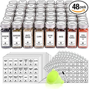 lot 2618 image: SWOMMOLY 48 Glass Spice Jars with 806 White Spice Labels, Chalk Marker and Funnel Complete Set. Square Spice Bottles 4 oz Empty Spice Containers, Airtight Cap, Poursift Shaker Lid, Square and Round Labels