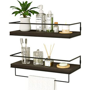 lot 2628 image: ZGO Floating Shelves for Wall Set of 2, Wall Mounted Storage Shelves with Metal Frame and Towel Rack for Bathroom, Kitchen, Bedroom