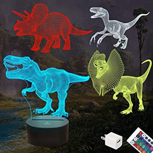 lot 2629 image: FULLOSUN Dinosaur Gifts, T-rex Dinosaur 3D Night Light for Kids (4 Patterns) with Remote Control & 16 Colors Changing & Dimmable Function & Gift Wrap, Xmas Birthday Gifts for Boy Girl
