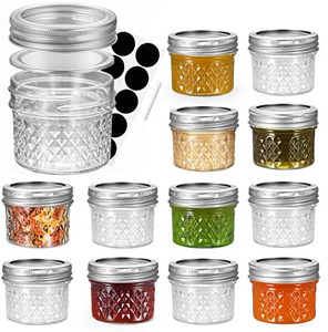 lot 2633 image: FRUITEAM 4 oz 12 PACK Mini Mason Jars with Lids and Bands, Quilted Crystal Jars Ideal for Food Storage, Jam, Body Butters, Jelly, Wedding Favors, Baby Foods