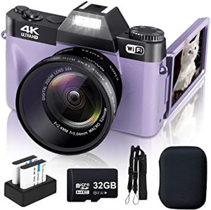 lot 2636 image: VJIANGER 4K Digital Camera for Photography 48MP Vlogging Camera for YouTube with Flip Screen WiFi, Manualfocus, 16X Digital Zoom, 52mm Wide Angle & Macro Lens, 2 Batteries, 32GB TF Card(Purple)